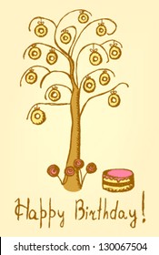 Delicious donuts hang on tree, Birthday vector illustration