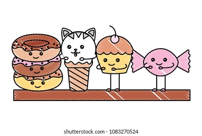 delicious donuts and ice cream and cup cake kawaii character