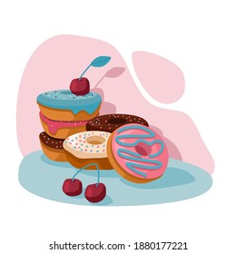 Delicious donuts with icing and cherries are isolated on a pink background. Vector illustration in flat style. A pile of delicious colorful donuts.