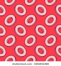Deliciosos donuts, sin fisuras en el fondo rojo.