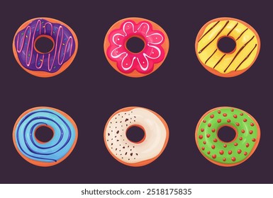 Deliciosas donas con glaseado dulce. Donuts con esmalte. Pasteles dulces. Donuts de dibujos animados. Ilustración vectorial.