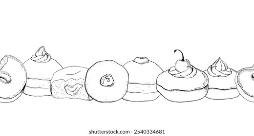 Deliciosas rosquinhas com várias coberturas fronteira horizontal sem costura para feriado judeu Hanukkah. Ilustração de vetor de tinta em preto e branco para modelo de banner. Donuts de suganiyot desenhados à mão em uma linha