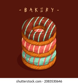 Deliciosos donuts. Ilustración vectorial de coloridos donuts acristalados con franjas de chocolate complementadas con texto BAKERY. Afiche del café, carteles de panadería, página del menú, volante, pancarta, anuncio, publicación en medios sociales