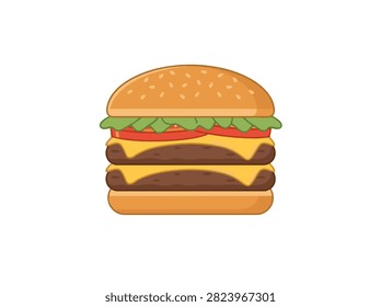 Delicious Double Beef Burger with Cheese Lettuce and Tomato Vector Illustration