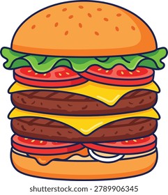 Delicious Double Cheese Burger Flat Vector Illustration Isolated on White Background