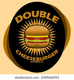Ein köstlicher Doppel-Cheeseburger mit kühlem Text in schwarz-ovalem Rahmen auf hellbraunem Hintergrund, um am 15. September den National Double Cheeseburger Day zu feiern