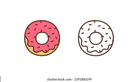 Delicious doughnut linear vector icon. Sweet glazed donut with sprinkles outline illustration. Pastry shop, bakery, confectionery logotype design element. Tasty baking isolated on white background.