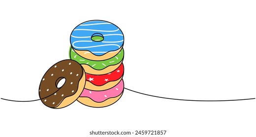 Deliciosos donuts de una línea de dibujo continuo de color. Panadería dulce pastelería. Ilustración lineal de Vector.