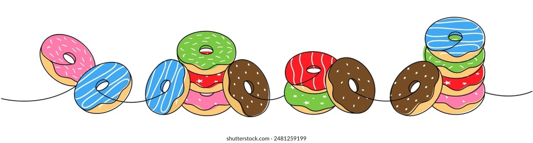 Delicious doughnuts. Take away donuts one line colored continuous drawing. Bakery sweet pastry food. Vector linear illustration.