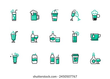 Delicious drinks and menu - set of line design style icons isolated on white background. High quality images of lemonade, beer, champagne, bottle of wine, cognac, tea, glass of coffee and milkshake