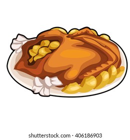 Delicious duck stuffed with apples isolated on white background. Vector illustration.