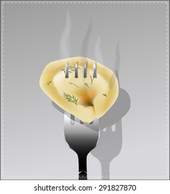 Delicious dumpling on a fork. Vector illustration.