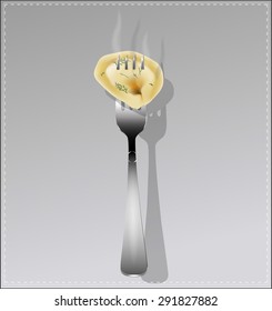 Delicious dumpling on a fork. Vector illustration.