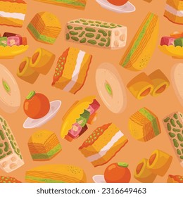 Delicious Eastern Sweets Seamless Pattern, With Vibrant Colors And Intricate Design. A Treat For The Eyes, Evokes The Rich Flavors And Cultural Charm Of The East. Cartoon Vector Illustration