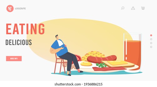 Delicious Eating Landing Page Template. Overeat Fat Male Character Sitting at Huge Plate with Traditional English Full Fry Up Breakfast Bacon, Sausages with Fried Egg. Cartoon Vector Illustration