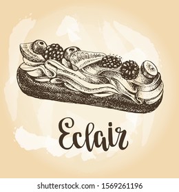 Delicious eclair with cream and berries. Ink hand drawn Vector illustration with brush calligraphy style lettering. Food elements for menu or signboard design.