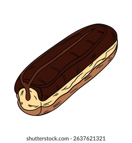 Delicious eclair pastry dessert with glaze and icing. Sweet treat éclair with whipped cream, super yummy and sweets. Bakery shop culinary outline art