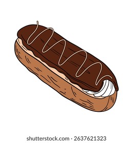 Delicious eclair pastry dessert with glaze and icing. Sweet treat éclair with whipped cream, super yummy and sweets. Bakery shop culinary outline art