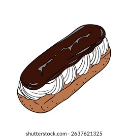 Delicious eclair pastry dessert with glaze and icing. Sweet treat éclair with whipped cream, super yummy and sweets. Bakery shop culinary outline art
