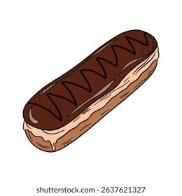 Delicious eclair pastry dessert with glaze and icing. Sweet treat éclair with whipped cream, super yummy and sweets. Bakery shop culinary outline art