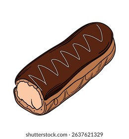 Delicious eclair pastry dessert with glaze and icing. Sweet treat éclair with whipped cream, super yummy and sweets. Bakery shop culinary outline art