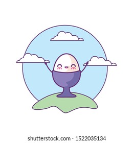 delicious egg cooked in landscape kawaii style vector illustration design