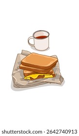 Delicious egg sandwiches on paper and tea in a mug on white background 