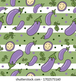 Delicious eggplant with leaves and herbs. Healthy food. Vector seamless pattern on striped green background. Design element for banner, posters, cards, fabric, wallpapers, scrapbooking. Cartoon style.