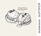 A delicious eggs benedict with smoked salmon, hollandaise sauce,  hand draw sketch vector.