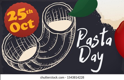 Delicious elbow macaroni -also called chifferi rigati or gomit- pasta-, ready to be used in a delicious recipe decorated with basil, flour and tomato during Pasta Day celebration in October 25.