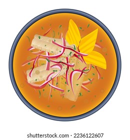 Deliciosa sopa de encebollado y pescado de cebolla. El plato nacional de comida tradicional de Ecuador de primera vista. Gastronomía latinoamericana. Ilustración vectorial colorida aislada en fondo blanco.