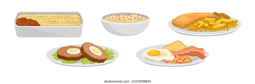 Delicious English Dish with Baked Meat Pudding, Fish and Chips, Meatloaf and Porridge Vector Set