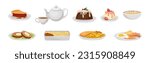 Delicious English Dish with Pie, Pudding, Fish and Chips, Meatloaf and Tea Vector Set