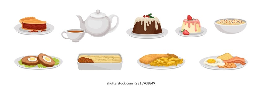 Delicioso plato inglés con pie, pudding, pescado y chile, carne y colección de vectores de té