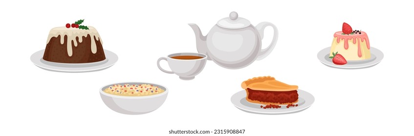 Delicious English Dish with Pie, Sweet Pudding, Porridge and Tea Vector Set