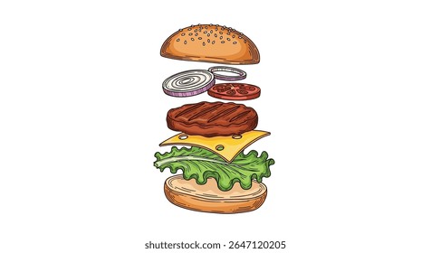 A Delicious Exploded View of a Classic Burger with Fresh Ingredients Layered