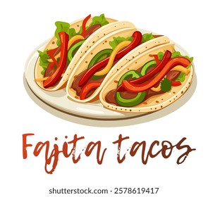 Delicious fajita tacos vector icon isolated on white background. Three tacos filled with colorful vegetables, green bell peppers, onions and tomatoes, an appealing and homemade look