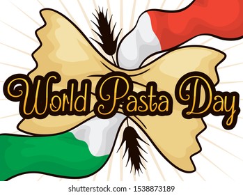 Delicious farfalle pasta with Italian flag waving around it and wheat ears silhouette to celebrate World Pasta Day.