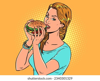 Delicious fast food around the world. New promotion related to food. The girl eats a burger. Pop Art Retro Vector Illustration Kitsch Vintage 50s 60s Style