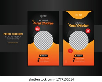 Delicious fast food chicken fry or vegetable on bowl social media story post restaurant breakfast sale banner template design with black, orange and yellow background