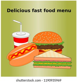Delicious fast food dinner menu with meat burger , sandwich and hot dog