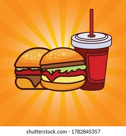 Delicious fast food and drink meal advertising poster with rays background. Delicious hamburger flat icon and fresh drink flat icon. promotional banner design. Design template vector