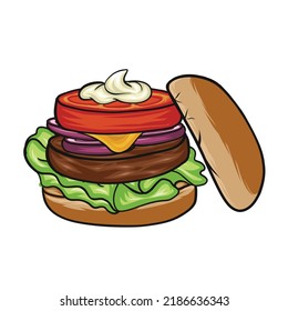 Delicious fast food hamburger. Colorful hand drawn cheese burger Icon logo vector food  illustration