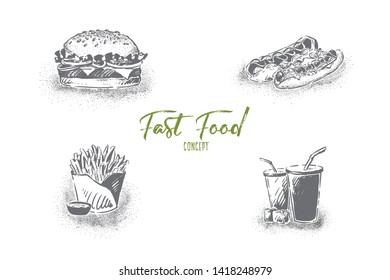 Delicious fast food, hamburger sandwich, hot dogs, french fries with sauce and soda, unhealthy junk food banner