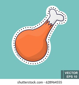 Delicious fast food icon chicken leg. Isolated on a blue background. sticker.