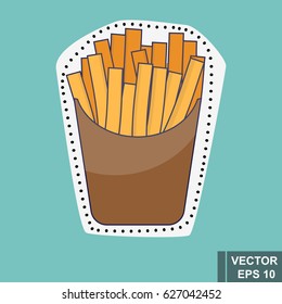 Delicious fast food icon of french fries. Isolated on a blue background. Sticker.
