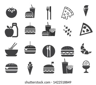 Delicious fast food icon vector - flat food icon vector, pizza slice, hamburger, ice cream, cold drinks,France fries icons