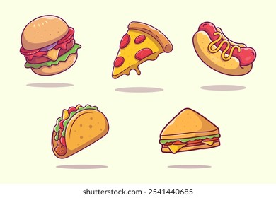 Delicioso Fast Food ícones Pack com hambúrguer, pizza fatia, cachorro-quente, Taco, e sanduíche Vetor ilustrações