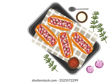 Delicioso conjunto de ilustración de comida rápida de comida rápida en una bandeja. Perros calientes caseros, sándwiches, salchichas, pan, vista superior, ingredientes, cocina y menú de comida rápida. Aislado en el fondo para el diseño del menú