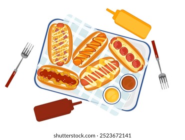 Delicioso conjunto de ilustración de comida rápida de comida rápida en una bandeja. Perros calientes caseros, sándwiches, salchichas, pan, vista superior, ingredientes, cocina y menú de comida rápida. Aislado en el fondo para el diseño del menú